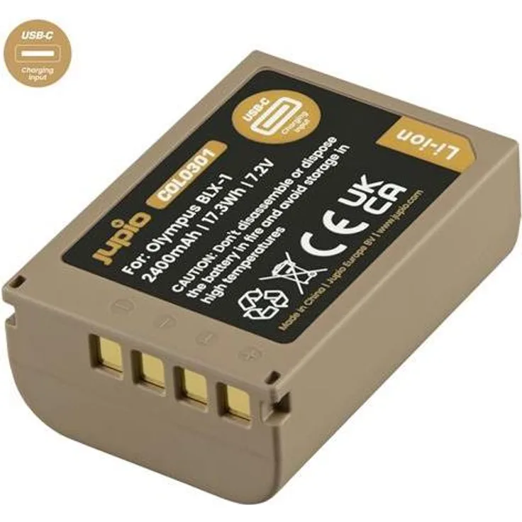 Jupio BLX-1 / BLX1 *ULTRA C* 2400mAh Akku mit USB-C Ladeeingang für OM-System Digitalkameras, inkl. USB-C auf USB-A Kabel
