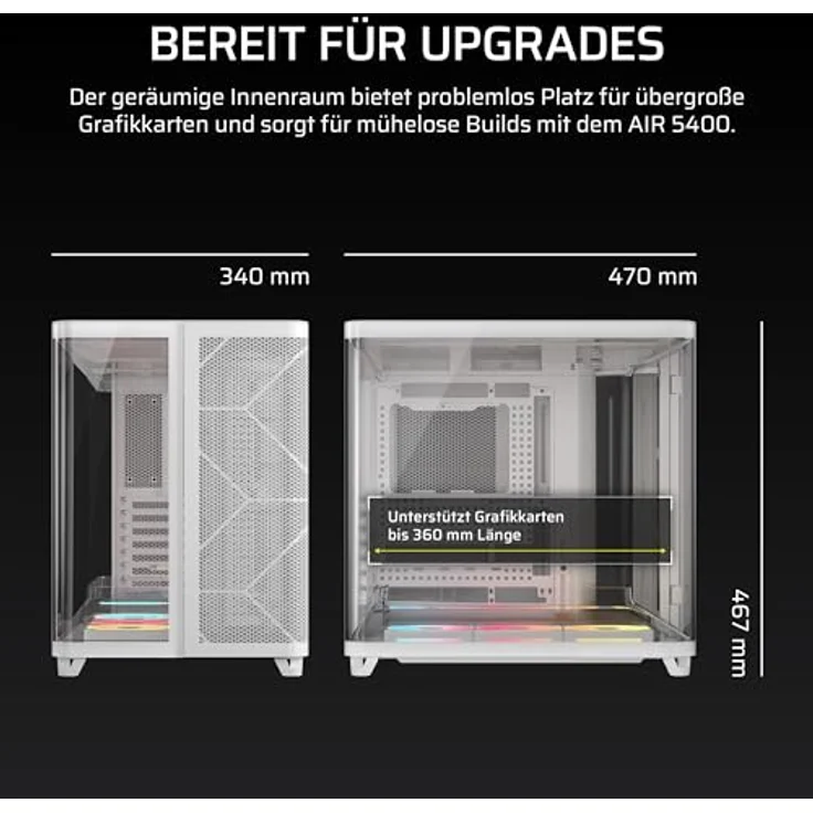 Corsair AIR 5400 LX-R RGB LINK, Mid-Tower PC Gehäuse mit Sichtfenster, modularem Innenraum und bis zu 10 Lüftern, Weiss – Bild 11