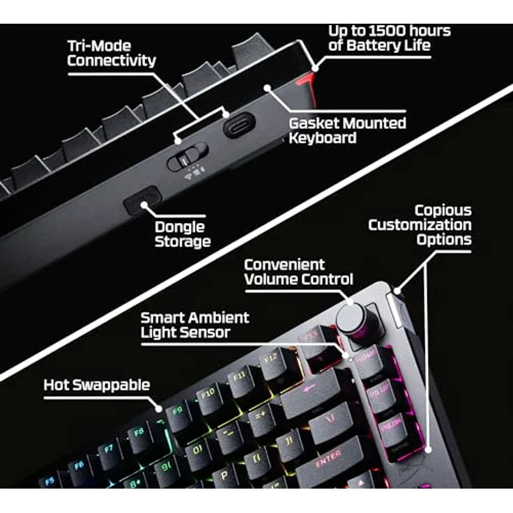 HyperX Alloy Rise 75 Wireless, 75% Hot-Swappable Mechanische Gaming-Tastatur, QWERTY Amerikanisches Layout, Dual Wireless 2,4 GHz und Bluetooth, bis zu 80 Stunden Hintergrundbeleuchtung, Schwarz – Bild 5