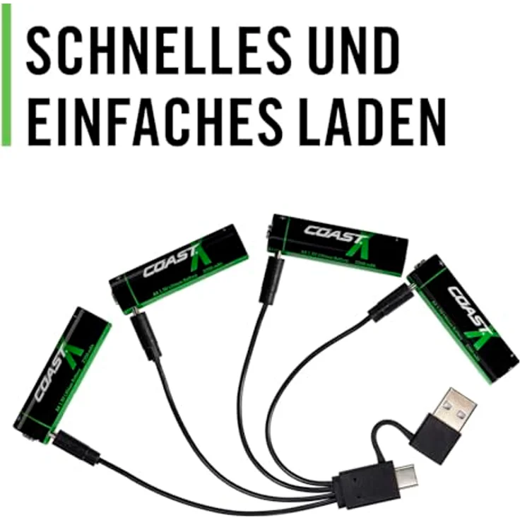 Coast ZXAA 1,5V USB-C Akkus, 2400 mAh, Lädt in 2,5 Stunden, Langlebig, 4er-Pack, ZITHION-X, Lithium-Ionen – Bild 4
