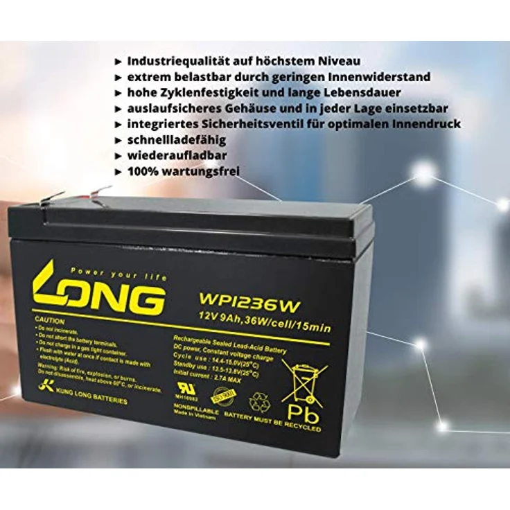 Kung Long Blei Akku WP1236W, 12V 9Ah AGM Hochstrom-Bleigelakku für Sicherheitstechnik und Notbeleuchtung, wartungsfrei und langlebig – Bild 5