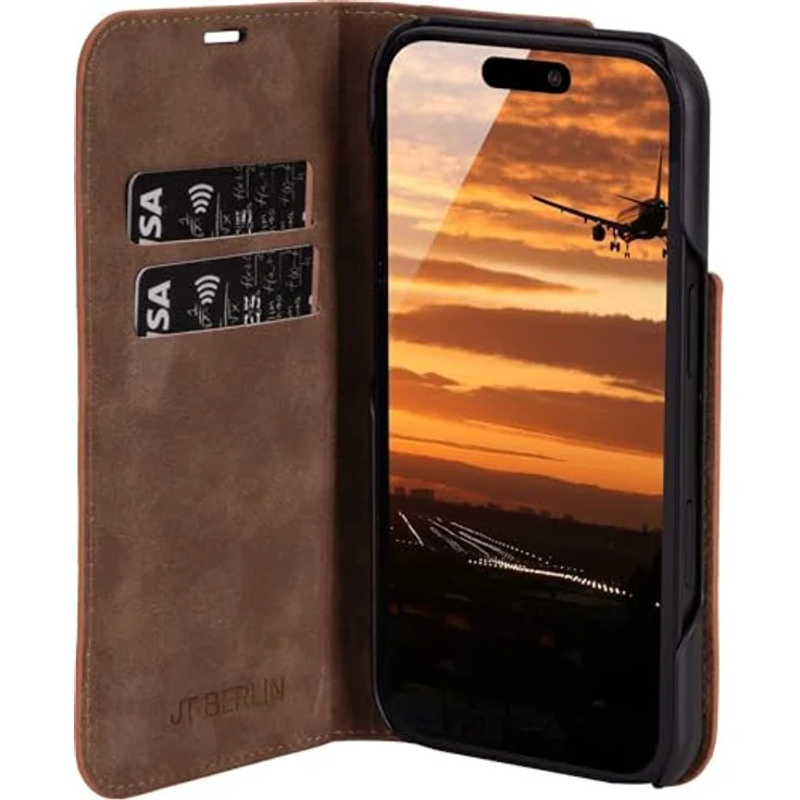 JT Berlin Echtleder BookCase Tegel für Apple iPhone 17, Smartphone Hülle mit Kartenfach, cognac Braun – Bild 3