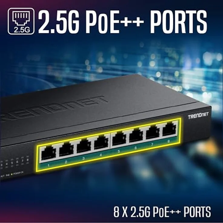 Trendnet 8-Port 2.5G PoE++ Switch, unmanaged Netzwerk Switch mit 230 Watt Gesamtbudget, 40 Gbit/s Switching-Kapazität, Jumbo-Frame-Unterstützung, Schwarz – Bild 2