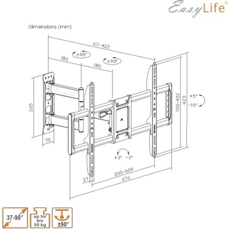 EasyLife ProMount HD90 Single XL TV Wandhalterung für große Fernseher 32–90 Zoll, neigbar & schwenkbar, bis 50 kg belastbar, VESA 600x400, inkl. Kabelmanagement, schwarz – Bild 9