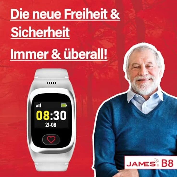 James B8 (Weiss) Notruf- und Sicherheitsuhr für Senioren, Sturzerkennung, Notruf-Knopf & GPS-Ortung, Gesundheitsfunktionen, Familien-App + Inklusive SIM Karte & Monatstarif – Bild 2