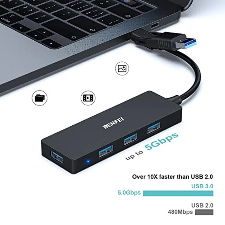 BENFEI USB 3.0 Hub, USB C Hub, 2-in-1 USB Typ-A/Typ-C Hub mit 4 USB 3.0-Anschlüssen, kompatibel für MacBook, Mac Pro, Mac Mini, iMac, Surface Pro, XPS, PC, Flash-Laufwerk, Mobile Festplatte – Bild 3