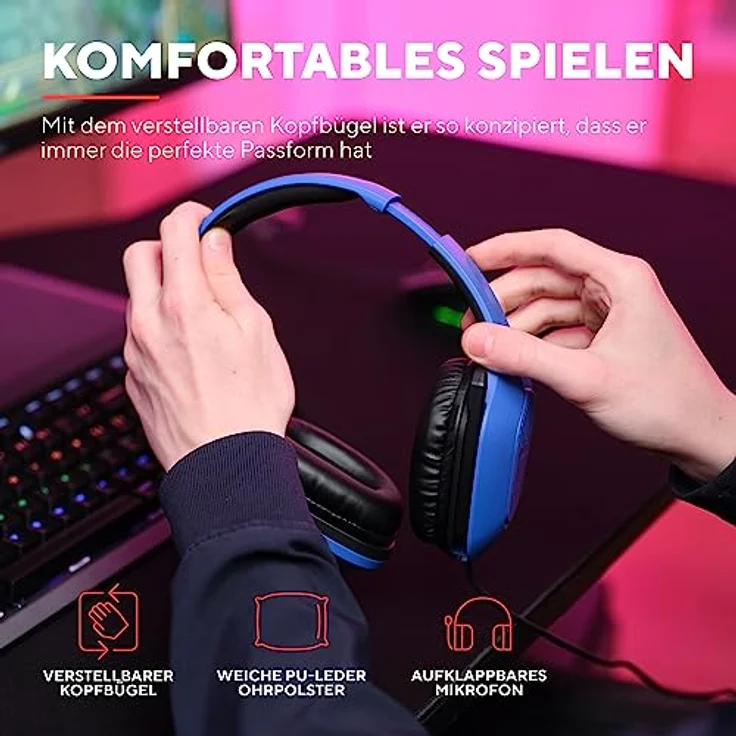 Trust Gaming GXT 415B Zirox Leichtes Gaming Headset mit 50-mm-Treiber für PC, Xbox, PS4, PS5, Switch, Mobile, 2-m-Kabel, 3,5-mm-Audioanschluss, Over-Ear Kopfhörer mit Kabel - Blau – Bild 5