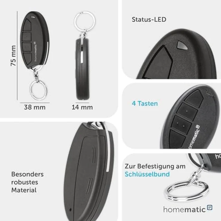 Homematic IP 160723A0 Schlüsselbundfernbedienung, 4 Tasten Smart-Home-Fernbedienung mit hoher Funk-Reichweite bis 200m, individualisierbar – Bild 3