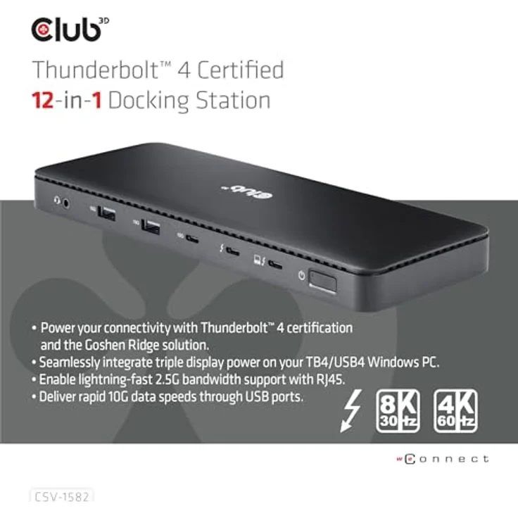 Club 3D 12-in-1 Dockingstation für USB-C / USB4 / Thunderbolt 3 & 4, 2 x HDMI, DP, 2.5GbE, 134 Watt – Bild 3