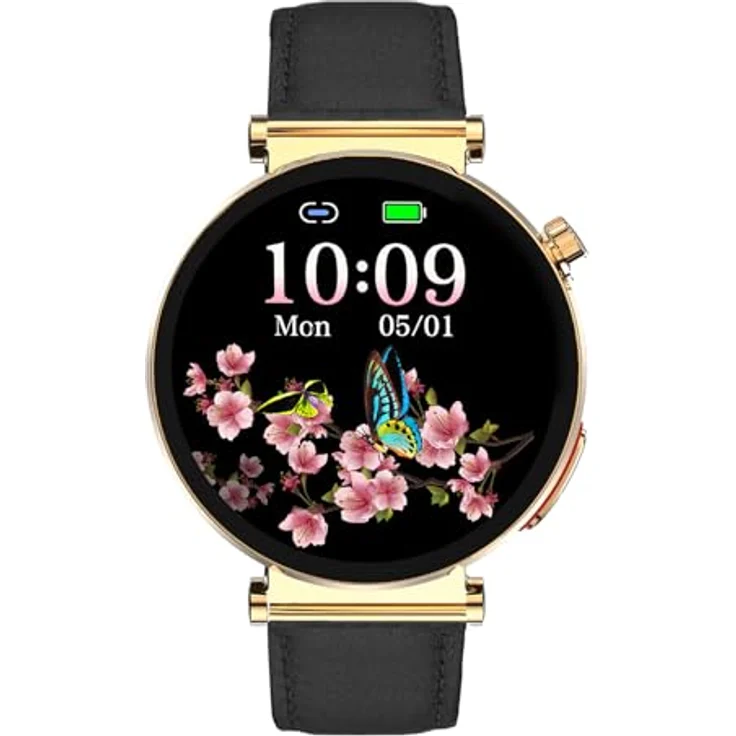 Knauermann NEO 2 (2025), Gesundheitsuhr Smartwatch in Gold Rund mit EKG, HRV, Schlafapnoe, Blutdruck und schwarzem Rindsleder Armband – Bild 1