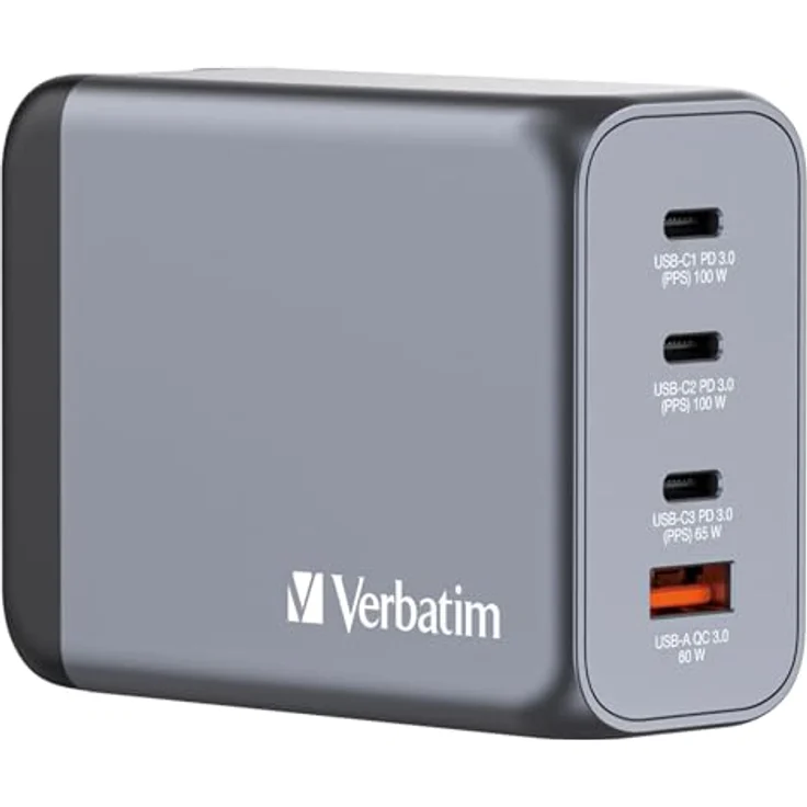 Verbatim GaN Charger 200 W, 4 Ports USB-C Ladegerät, innovativer Power Adapter mit 3 x USB-C und 1 x USB-A, Schnellladegerät als Mehrfachstecker, Netzteil für Apple iPhone, Samsung und Co – Bild 1