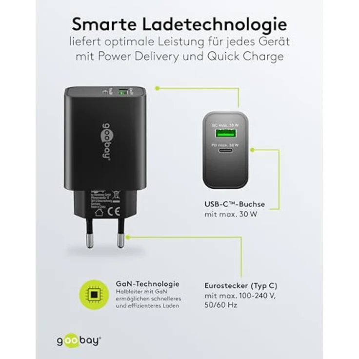 goobay 30W USB C Ladegerät, GaN Dual Port Schnellladegerät mit Power Delivery & Quick Charge, kompakter Ladestecker für iPhone, Samsung Galaxy, Tablet und Kopfhörer, Schwarz - 75335 – Bild 4