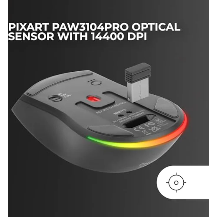 Mars Gaming MM-T3, Ultralight Kabellose Maus mit 14400 DPI, Bluetooth 5.0 + 2.4 GHz + Kabel, RGB-Ladestation, Schwarz – Bild 3