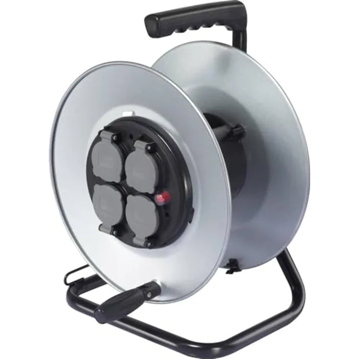 Sygonix SY-6746422 Leer-Kabeltrommel, Metall, 4 Schutzkontakt-Steckdosen, IP44 spritzwassergeschützt, für Kabel bis 50 m