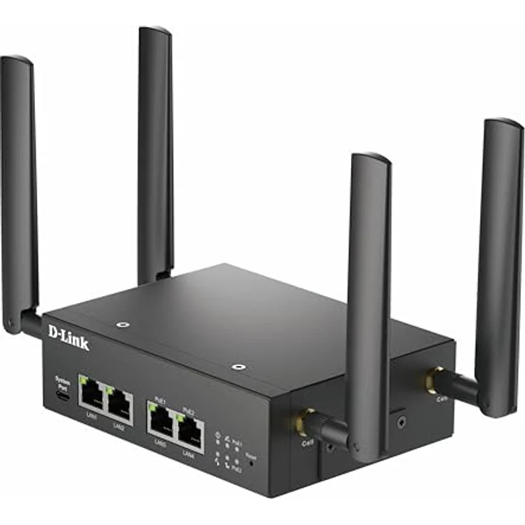 D-Link 5G Multi-Connect PoE Modem, Router mit 4 RJ-45-Anschlüssen bis 1000 Mbit/s, 2 PoE-Ports und 4 externen Antennen, Schwarz – Bild 2