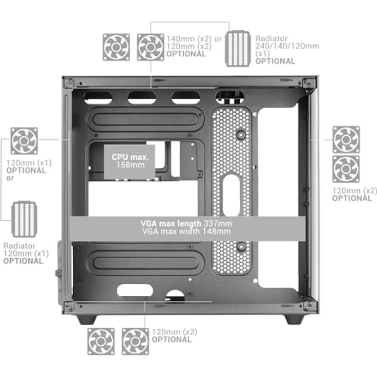 Mars Gaming MC-Nova, Micro ATX PC-Gehäuse mit Doppelpanel-Design aus gehärtetem Glas, schwarz, bis zu 7 Lüfter und Flüssigkeitskühlung bis 240 mm – Bild 6