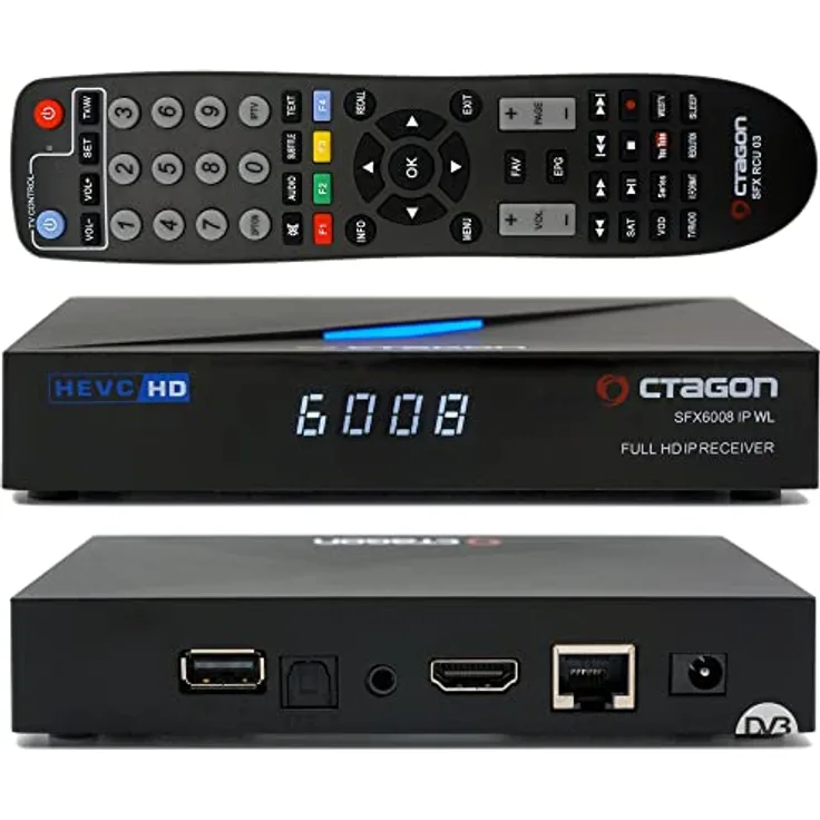 Octagon SFX6008 IP WL Full-HD H.265 HEVC, E2 Linux Set-Top Box & Smart Internet TV Receiver, Sat to Client Support, DLNA, YouTube, Web-Radio, 150Mbit WiFi intern, HDMI, schwarz