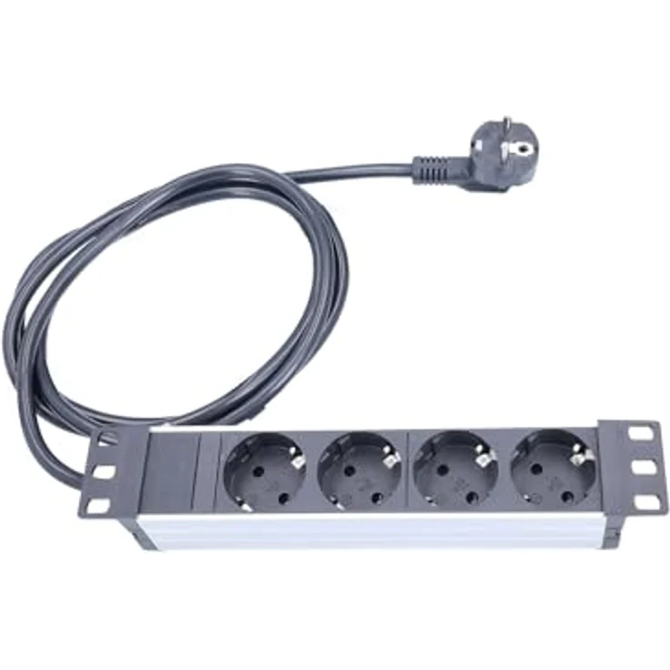 as Schwabe 10" Alu-Steckdosenleiste 4-Fach, 2 m H05VV-F 3G1,5, mit Haltern, 230V/16A/3500W, für Serverschränke, schwarz/Silber, IP20 – Bild 2