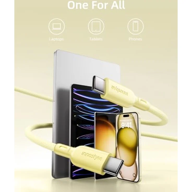 Innostyle USB-C Polyamid Schnellladekabel 240W 2m Gelb, hochgeschwindigkeits Datenübertragung und intelligenter Chip für iPhone & Samsung – Bild 2
