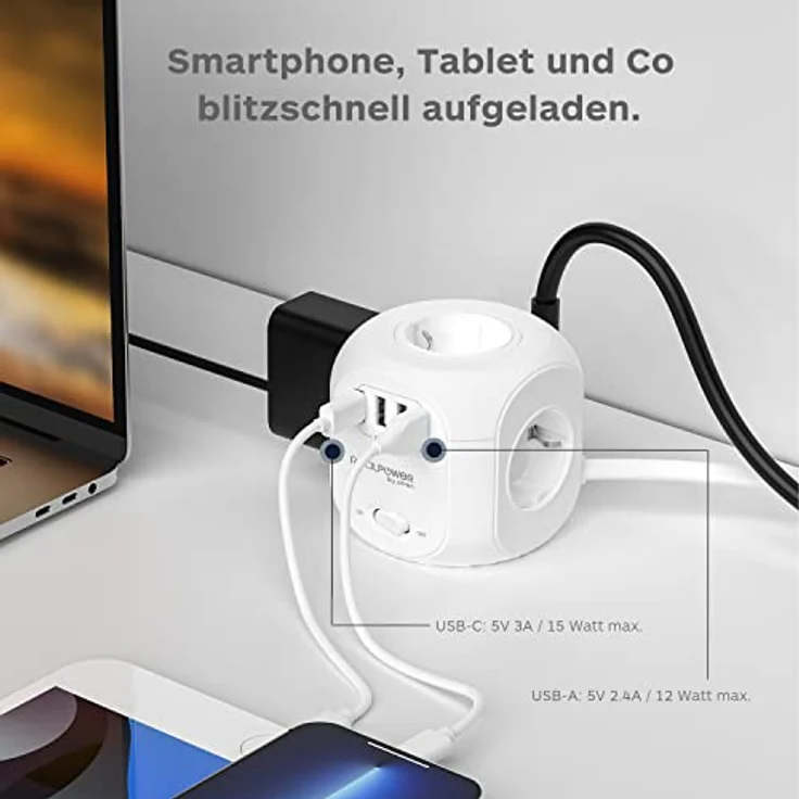 RealPower Mehrfachsteckdose mit USB, 4Fach Stecker mit 3 USB und 1 USB C, Cube Steckdosenleiste, 15 Watt Ladegerät - Weiß – Bild 3
