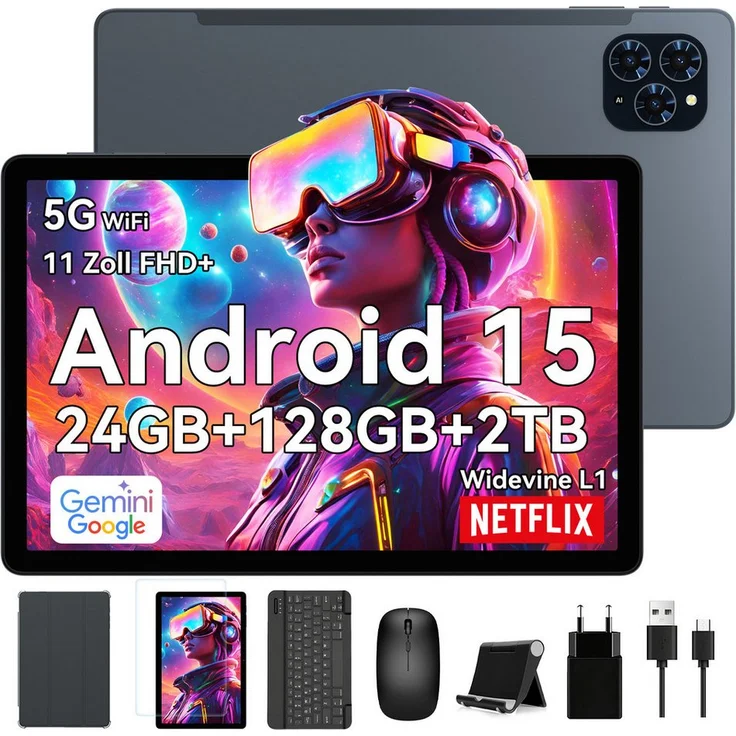 TABWEE T90 Tablet, 11" FHD Display, 128 GB, Android 15, Grau, mit Stift/Maus/Tastatur, 24 GB RAM Erweiterung