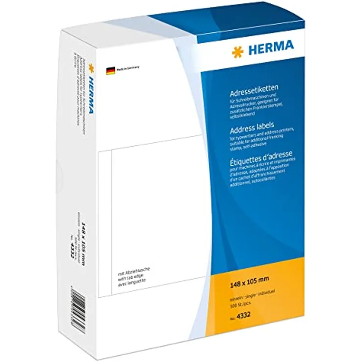 HERMA 4332 Adressaufkleber für Schreibmaschinen, einzeln (148 x 105 mm, Papier, matt) selbstklebend, permanent haftende Adressetiketten, 500 Klebeetiketten, weiß