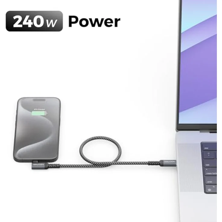 deleyCON 0,5m 240W USB-C Winkelkabel (Schnellladekabel) mit PD 3.0 für iPhone 17/16/15, Galaxy A16/A56/S25/S24/S23, Pixel, iPad, MacBook, AirPods, Tablet, Carplay, PS5 – Bild 5