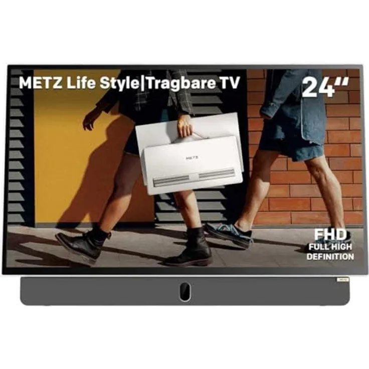 METZ Blue Tragbarer Fernseher MPE7000, 24 Zoll FHD mit Google TV, Akku, Blendfreier Bildschirm, HDR10, Dolby Audio, Bluetooth, Wi-Fi, 12V Auto-Ladegerät, weiß