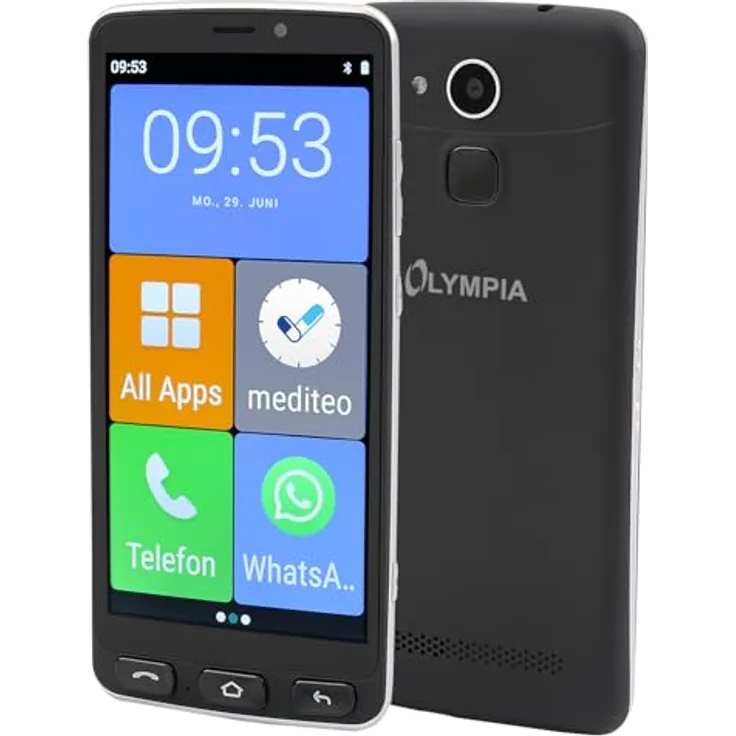 Olympia NEO+ schwarz Seniorenhandy, Smartphone mit 5,5" Display, Notruftaste, Android 15, 4G LTE, Dual-SIM, vorinstalliertes WhatsApp und Medikamenten-Erinnerungs-App