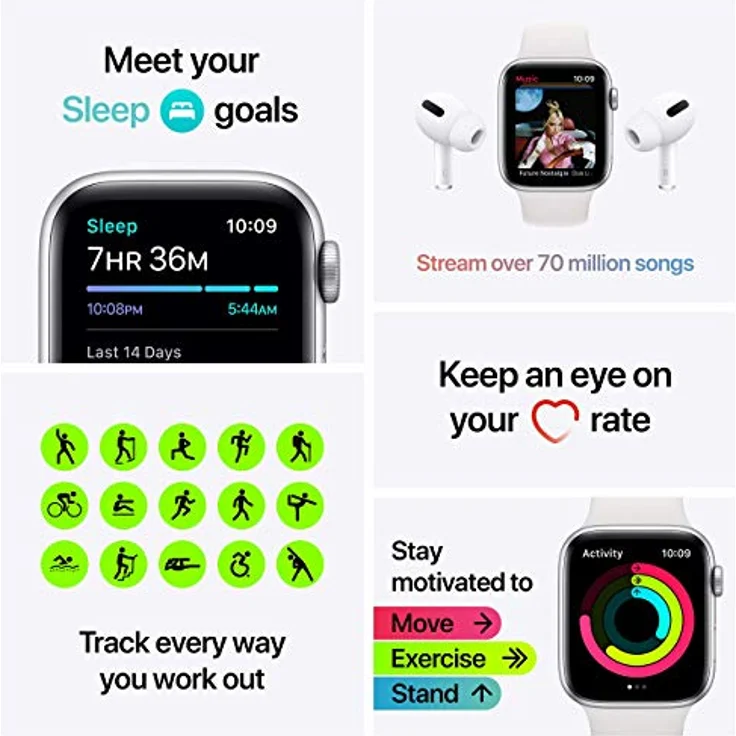 Apple Watch SE 2020 (GPS, 40MM) Aluminiumgehäuse Silber, Retina OLED-Display, Weiß Sportarmband, Schwimmfest, Fitness-Tracking – Bild 5
