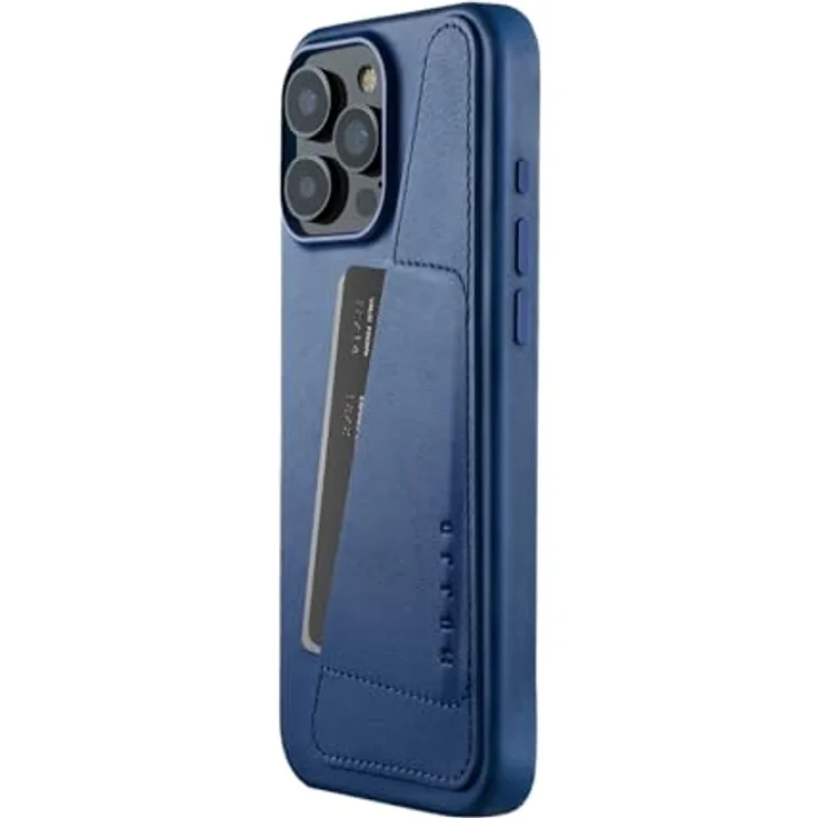 Mujjo Leather Wallet Case iPhone 16 Pro Max Blau - Integrierte Brieftaschen-Funktionalität, Außergewöhnlicher Schutz, Magsafe-Leistung, Hochwertiges europäisches Leder, Hergestellt aus recycelten Materialien