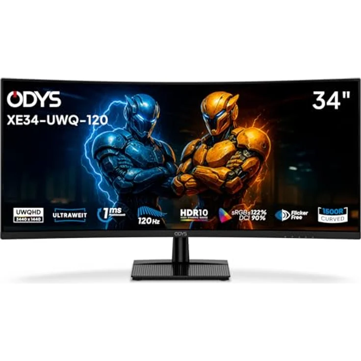 Odys XE34-UWQ-120, 34 Zoll Curved Gaming Monitor, UWQHD (3440x1440), 120 Hz, 1ms, VA-Panel, HDR10, Adaptive Sync, 1500R Krümmung, HDMI 2.1, DisplayPort – Bild 1