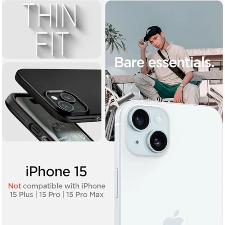 Spigen Thin Fit Hülle Kompatibel mit iPhone 15 -Schwarz, Matte Oberfläche, maßgeschneidert für alle Anschlüsse – Bild 2