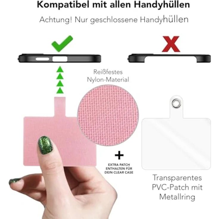 Nalia HoldMe Air Handykette Universal Smartphone, verstellbares Uni Lanyard mit Karabiner (schwarz), 160 cm, inkl. 2 Pads für Full-Cover Hüllen – Bild 6