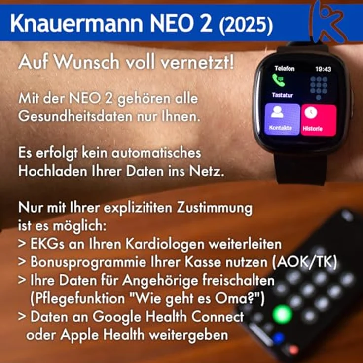 Knauermann NEO 2 (2025) - Gesundheitsuhr Smartwatch in Schwarz - EKG, HRV, Blutdruck, Schlafapnoe, Bluetooth, Silikonband – Bild 5