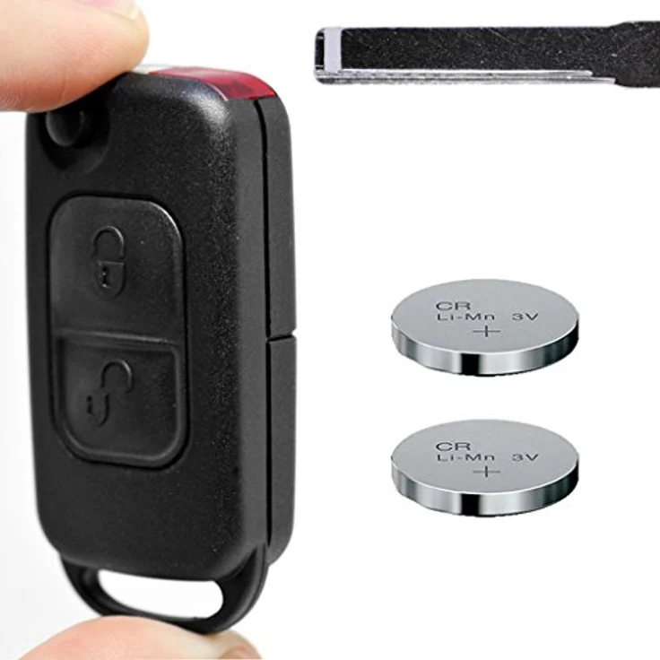 mt-key Auto Klapp Schlüssel 2 Tasten mit HU44 Rohling und 2x CR2025 Knopfzelle für Mercedes Benz W168 und Chrysler 96-04 Funk Fernbedienung – Bild 1