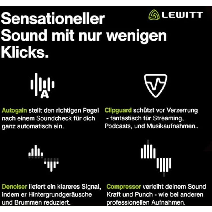 Lewitt CONNECT 2, benutzerfreundliches USB-C Audio-Interface mit XLR- und Hi-Z-Eingang, Autosetup, Clipguard, Compressor, Denoiser und 3 Preamp-Sounds – Bild 4
