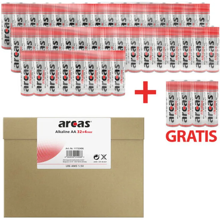 Arcas Sparpack 32+4free Alkaline Batterien LR06 Mignon AA 1,5V, lange Lebensdauer und geringe Selbstentladung
