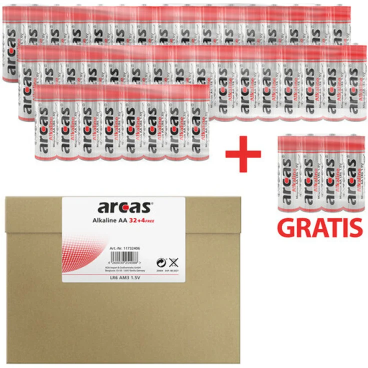 Arcas Sparpack 32+4free Alkaline Batterien LR06 Mignon AA 1,5V, lange Lebensdauer und geringe Selbstentladung – Bild 1