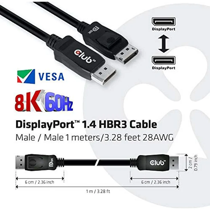 Club 3D - DisplayPort-Kabel - DisplayPort (M) bis DisplayPort (M) - DisplayPort 1,4 - 1,0m - Schwarz (CAC-2067) – Bild 3