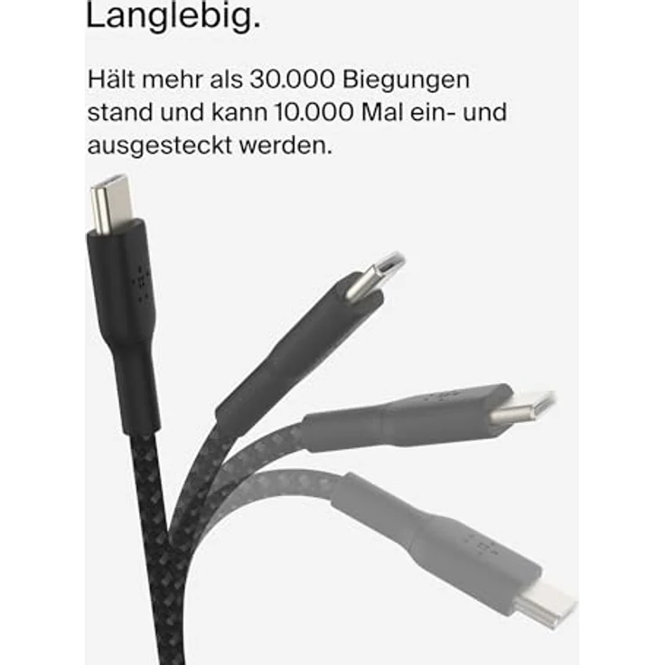 Belkin BoostCharge (15 cm) geflochtenes USB-C auf USB-C Kabel für iPhone 16, iPhone 16 Pro, iPhone 16 Pro Max, iPhone 16 Plus, iPhone 15 Galaxy S24, S23, Note10, Note9, Pixel 8/7, iPad Pro – Schwarz, Schnellladefunktion, Hochgeschwindigkeitsdatenübertragung – Bild 4