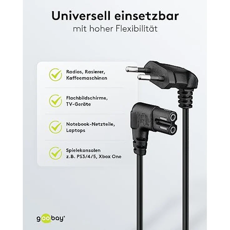 Goobay 73019 Netzkabel Eurostecker auf 2-Polig Doppelbuchse Gewinkelt für Sonos Play, Monitore, Radios, 2m schwarz – Bild 4
