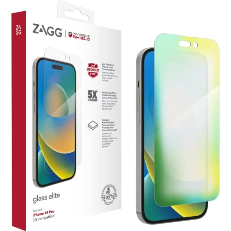 ZAGG InvisibleShield Glass Elite Displayschutzfolie für iPhone 14 Pro, stoßfest, wischfest, kratzfest, antimikrobiell, (transparent) – Bild 1