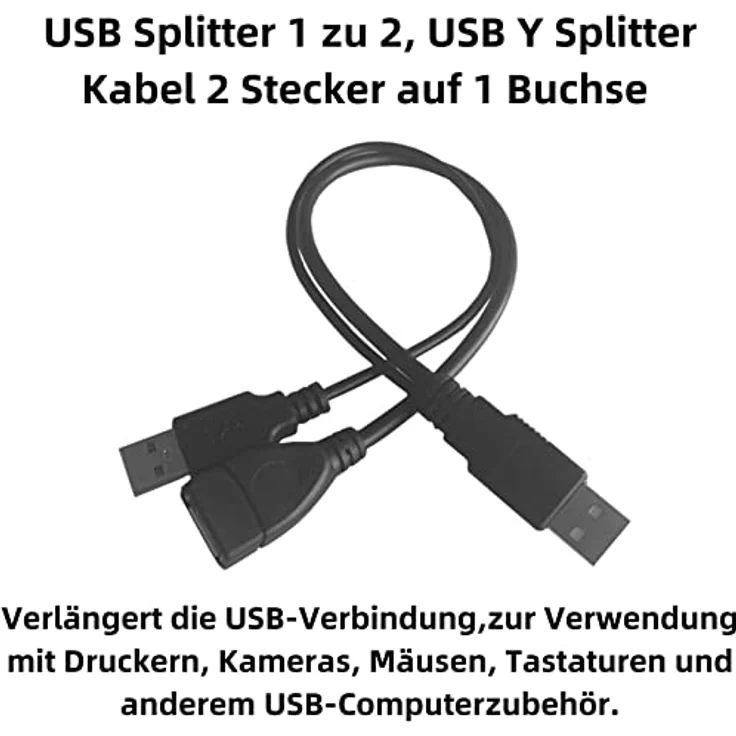 Aukson B44 USB Y Splitter Kabel, 30cm 2x USB 2.0 A Stecker auf 1x USB Buchse Ladekabel, kompakt und vielseitig, schwarz – Bild 2