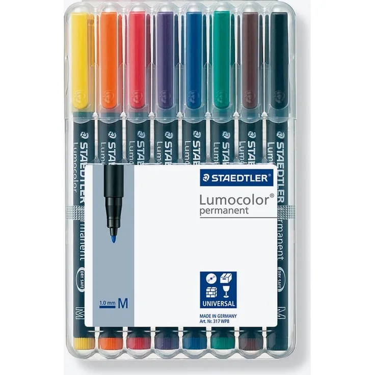 STAEDTLER Lumocolor Folienstifte-Set, farbsortiert, permanent, 8 Stifte, für glatte Oberflächen, Strichstärke mittel (M)