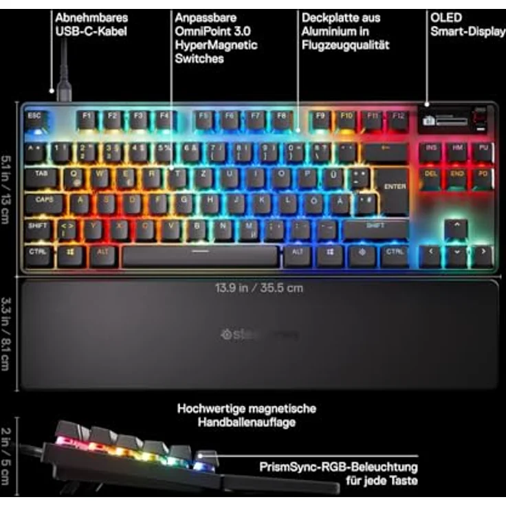 SteelSeries Apex Pro TKL Gen 3 - HyperMagnetic Gaming-Tastatur - OmniPoint 3.0 Switches - Anpassbares Ansprechverhalten - Rapid Trigger - Rapid Tap/SOCD - OLED - PBT-Keycaps - USB-C - DE Layout QWERTZ – Bild 3
