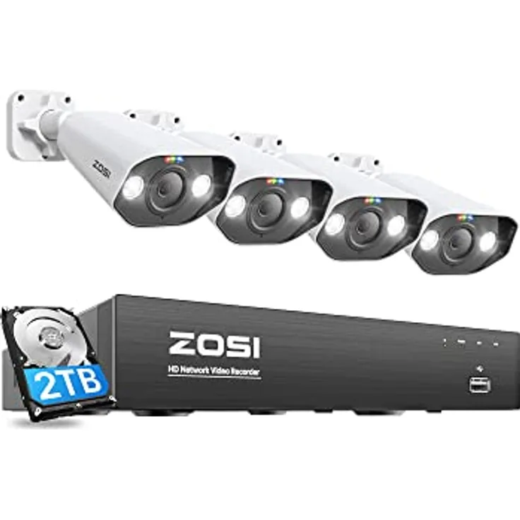 ZOSI 5MP Überwachungskamera Aussen Set, 4K 2TB HDD NVR Videoüberwachung System, 16CH erweiterbar, 4X 5MP PoE IP Outdoor Kamera, Personenerkennung, C1825A
