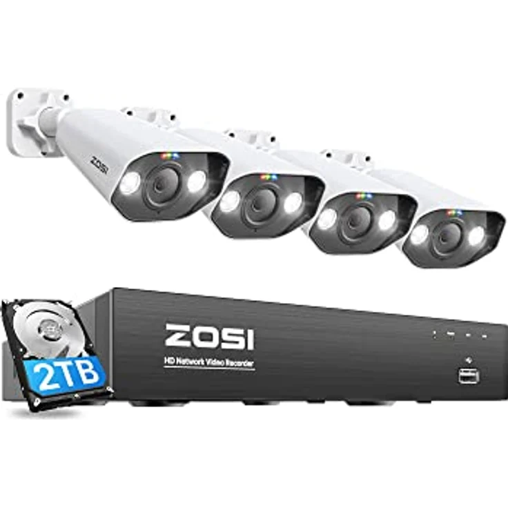 ZOSI 5MP Überwachungskamera Aussen Set, 4K 2TB HDD NVR Videoüberwachung System, 16CH erweiterbar, 4X 5MP PoE IP Outdoor Kamera, Personenerkennung, C1825A – Bild 1