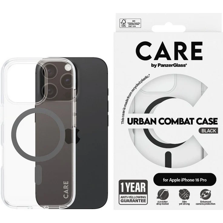 CARE by PanzerGlass Urban Combat Case mit MagSafe für Apple iPhone 16 Pro, stoßfeste Handyhülle aus recyceltem Plastik, 4,8 Meter Falltest, verbesserter Kameraschutz