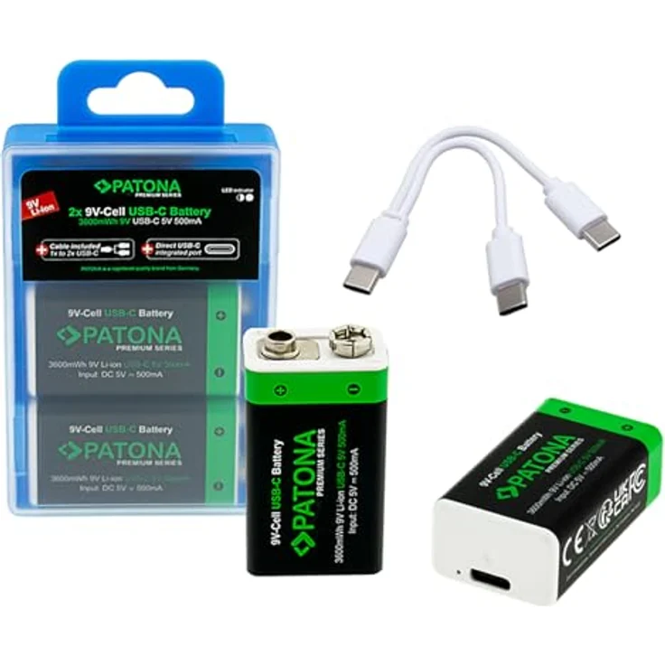 PATONA 9V Block Rauchmelder Akkus USB-C (2er Pack), Aufladbar über USB-C (500mA), 9 V / 3.6 Wh, USB-C Ladekabel mit 2 Anschlüssen - 1413 – Bild 1